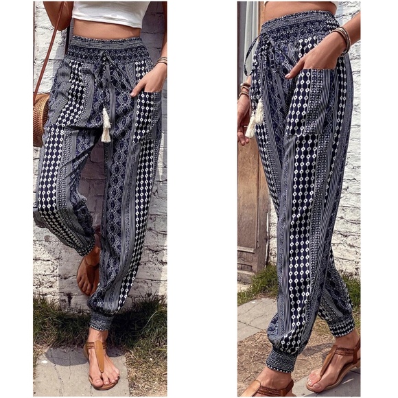 Boho Black Geo Print Stretch Waist Joggers - Picture 4 of 6